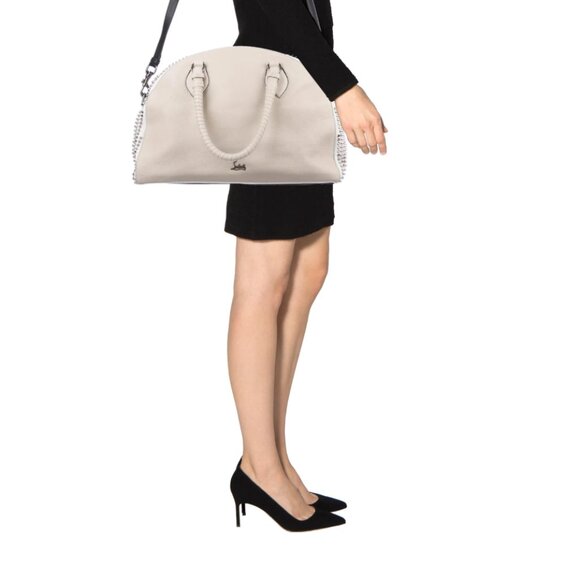 Rare Large Beige Christian Louboutin Bowler Bag with Studs and Red Interior - Picture 3 of 9